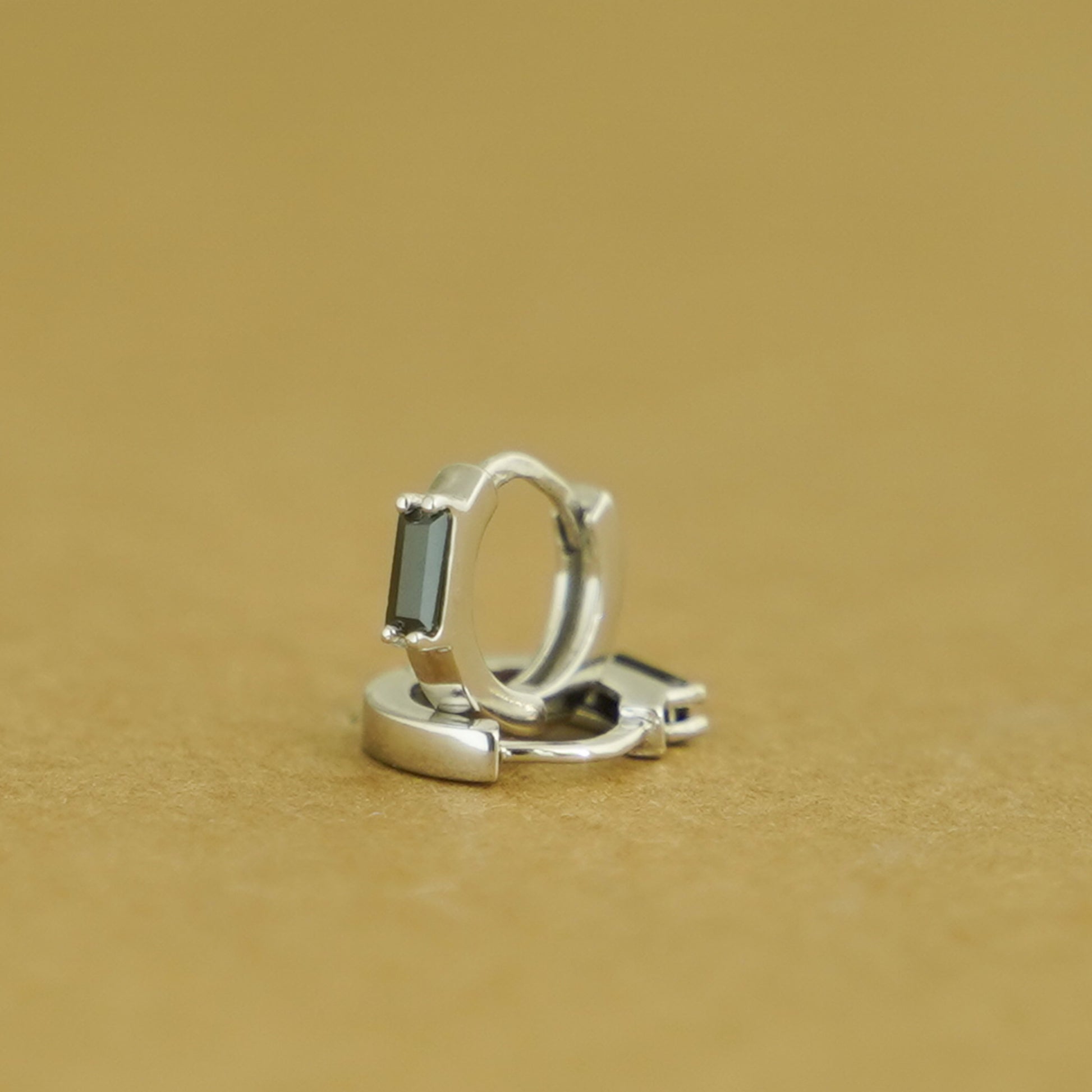 Sterling Silver Cut Black CZ Huggie Hoop Hinged Earrings 7mm Unisex - sugarkittenlondon