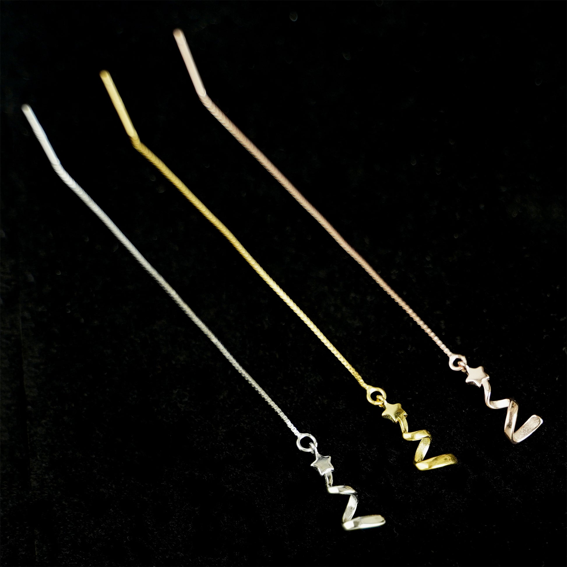 Gold on Sterling Silver Star Ribbon Xmas Tree Pull Through Threader Earrings - sugarkittenlondon