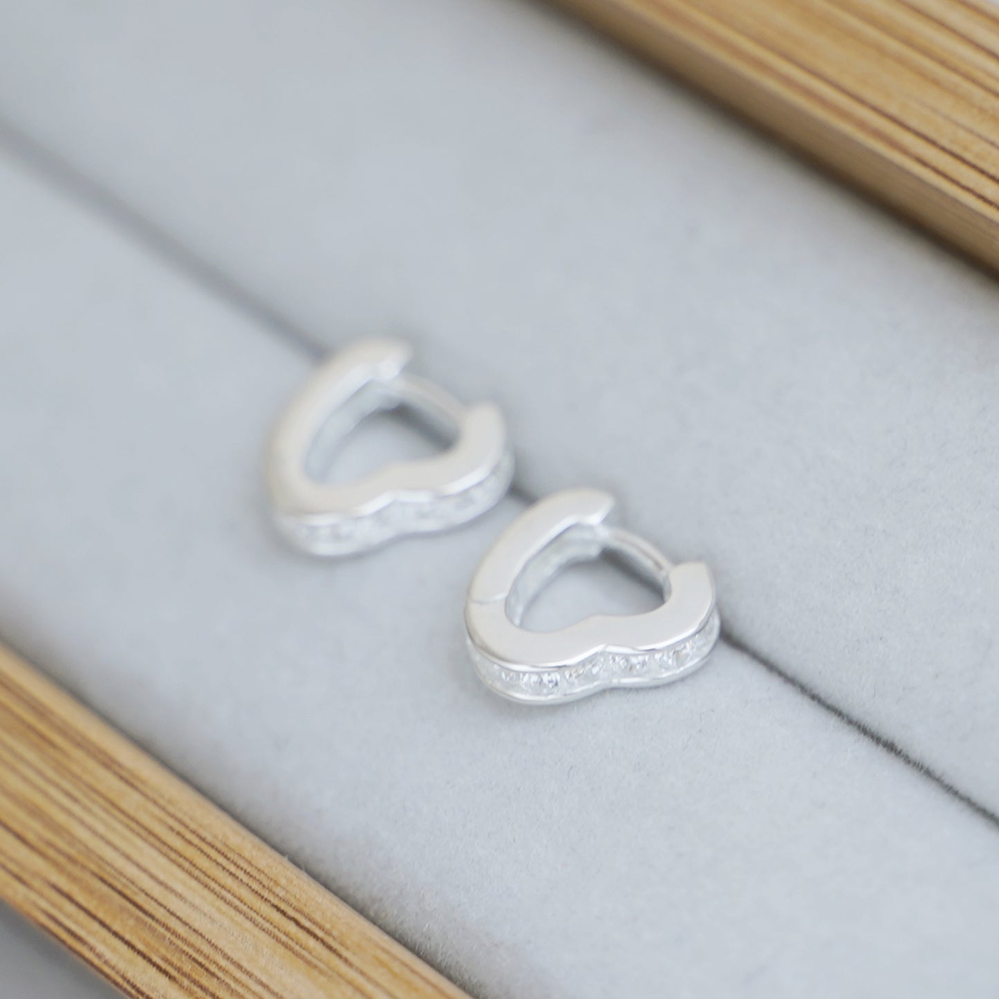 Sterling Silver Channel CZ Love Heart Eternity Huggie Hoop Earrings - sugarkittenlondon