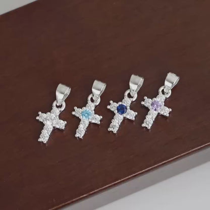 Sterling Silver Mini Cross Pendant Claw CZ Charm White Light Blue Blue Purple