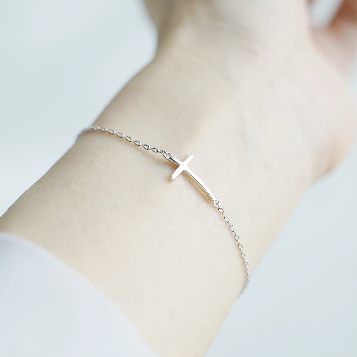 Rhodium Plated Sterling Silver Horizontal Sideways Layer Cross Bracelet - sugarkittenlondon