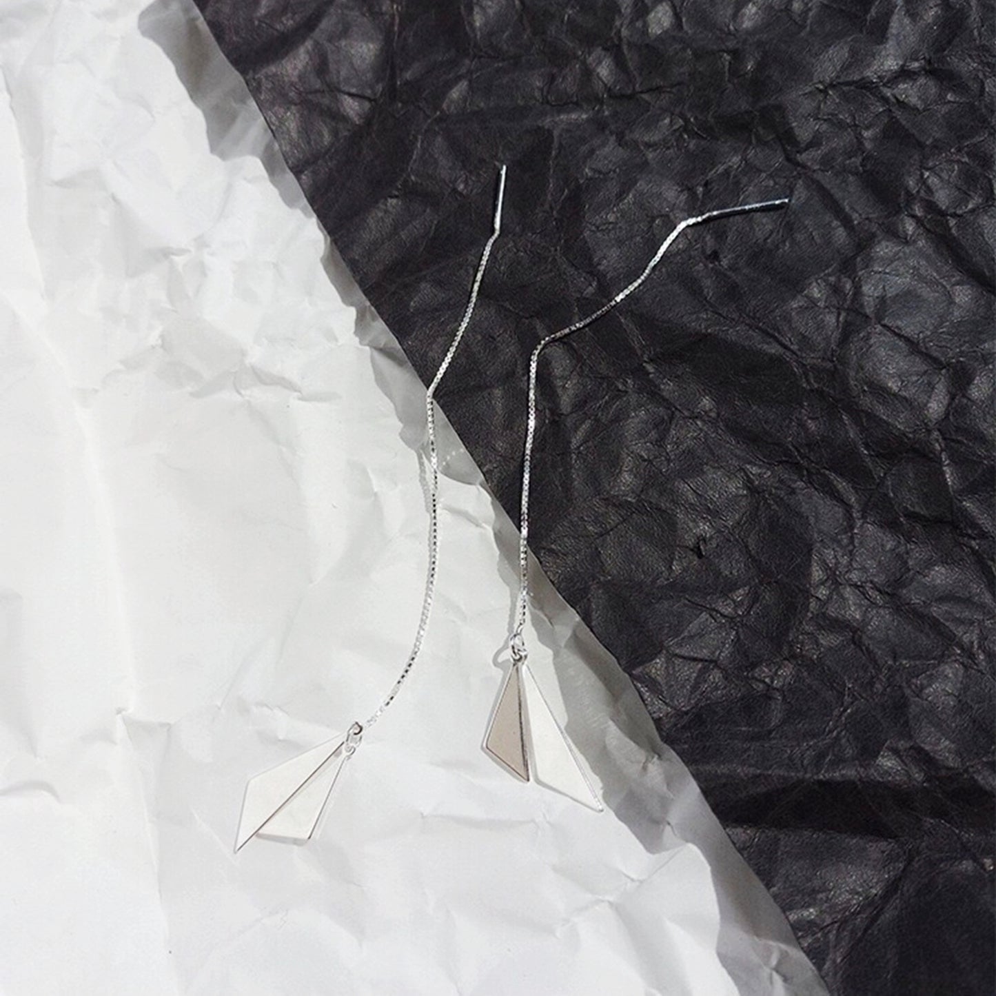 Sterling Silver Double Triangle Shiny Drop Pull Through Threader Dangle Earrings - sugarkittenlondon