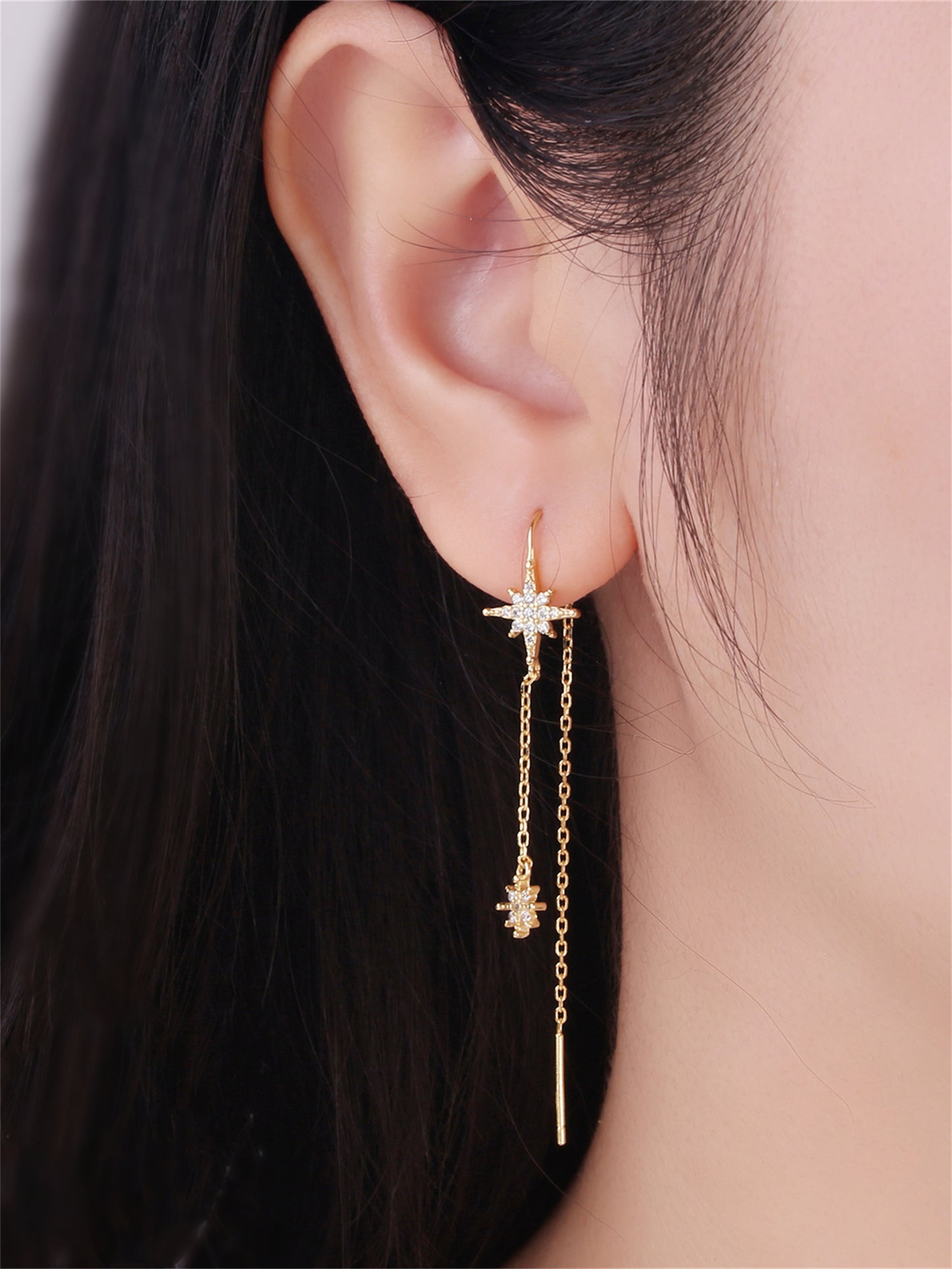 Gold on Sterling Silver Paved CZ Pole Star Chain Drop Pull Through Earrings - sugarkittenlondon