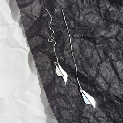 Sterling Silver Double Triangle Shiny Drop Pull Through Threader Dangle Earrings - sugarkittenlondon