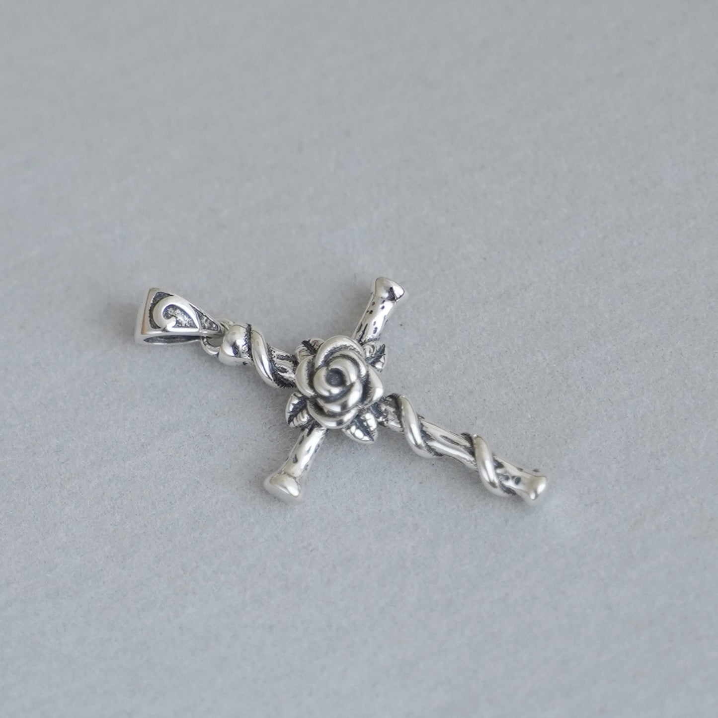 Sterling Silver Oxidized 3D Rose Thorn Cross Christian Pendant Necklace Boxed - sugarkittenlondon