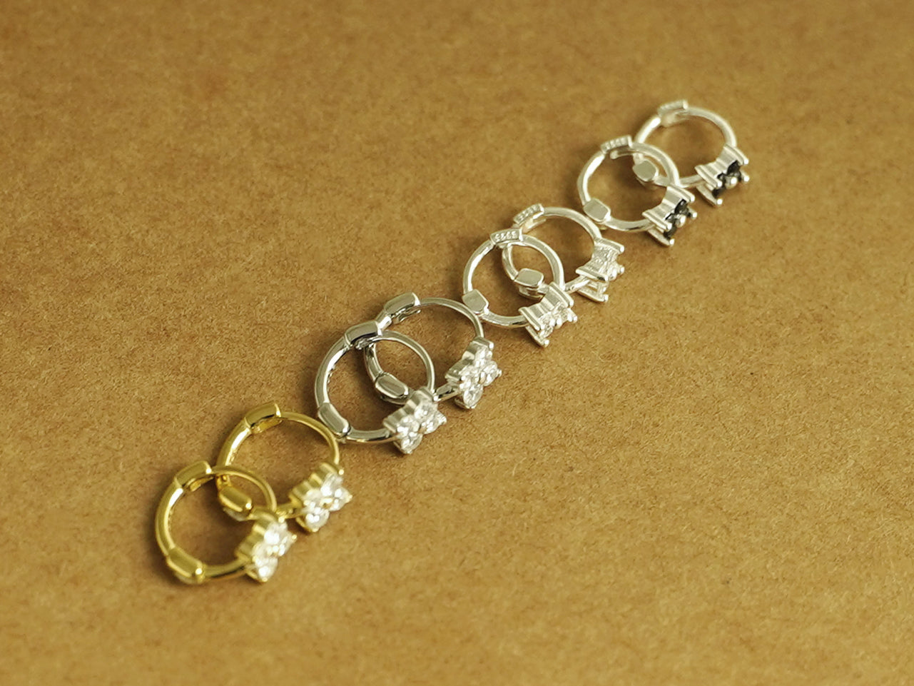 18K Gold on Sterling Silver Hoop CZ Flower Motif Star Huggie Hinged Earrings 8mm - sugarkittenlondon
