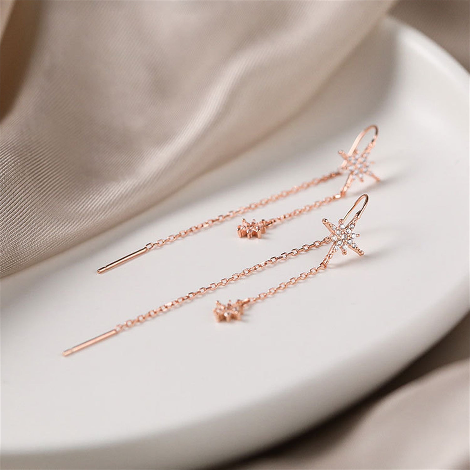 Rose Gold on Sterling Silver Paved CZ Pole Star Chain Drop Pull Through Earrings - sugarkittenlondon