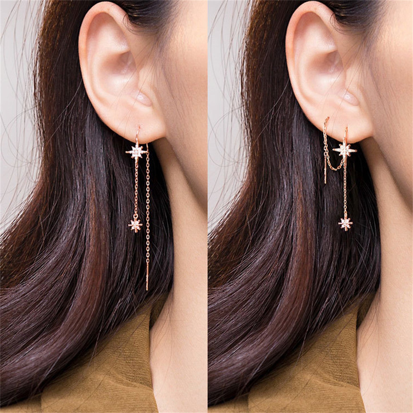 Gold on Sterling Silver Paved CZ Pole Star Chain Drop Pull Through Earrings - sugarkittenlondon