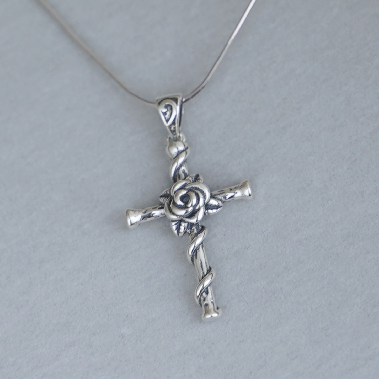 Sterling Silver Oxidized 3D Rose Thorn Cross Christian Pendant Necklace Boxed - sugarkittenlondon