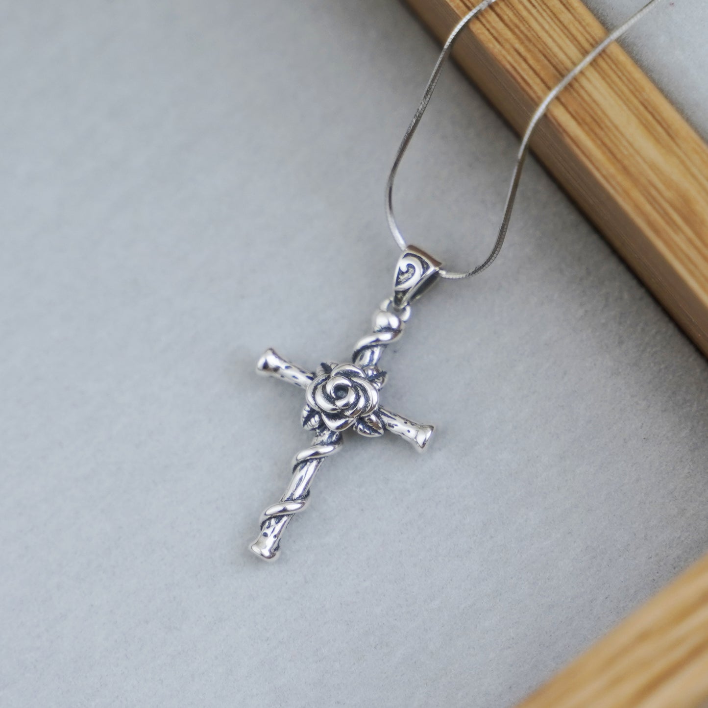 Sterling Silver Oxidized 3D Rose Thorn Cross Christian Pendant Necklace Boxed - sugarkittenlondon