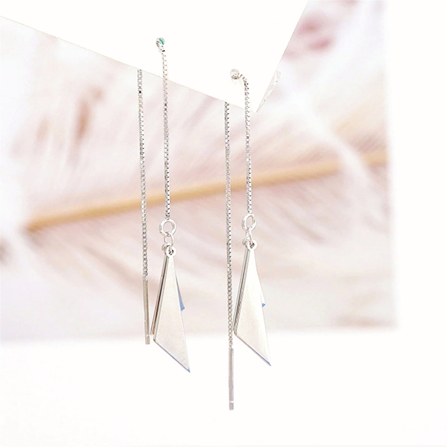 Sterling Silver Double Triangle Shiny Drop Pull Through Threader Dangle Earrings - sugarkittenlondon