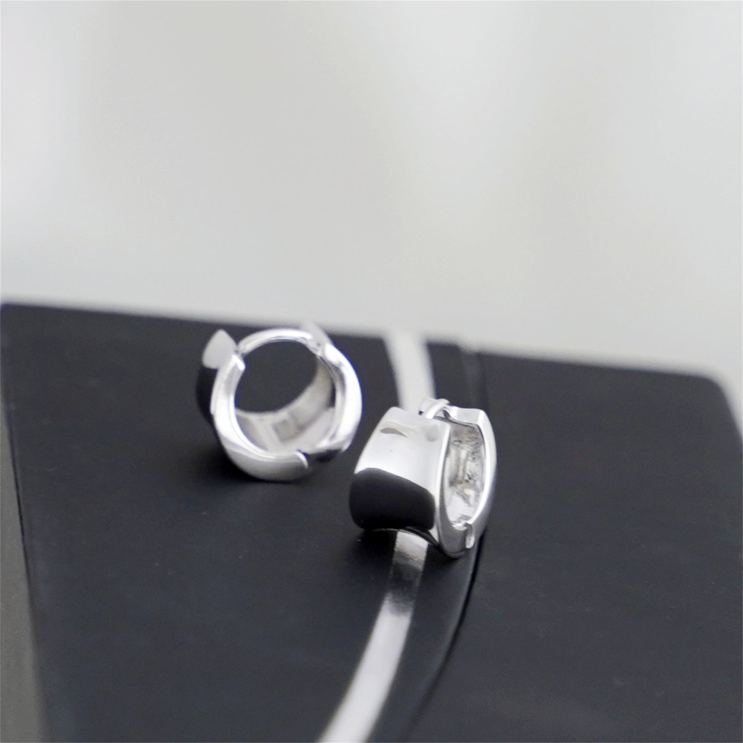 Rhodium-plated Sterling Silver Small Concave Hoop Huggie Drop Earrings - sugarkittenlondon