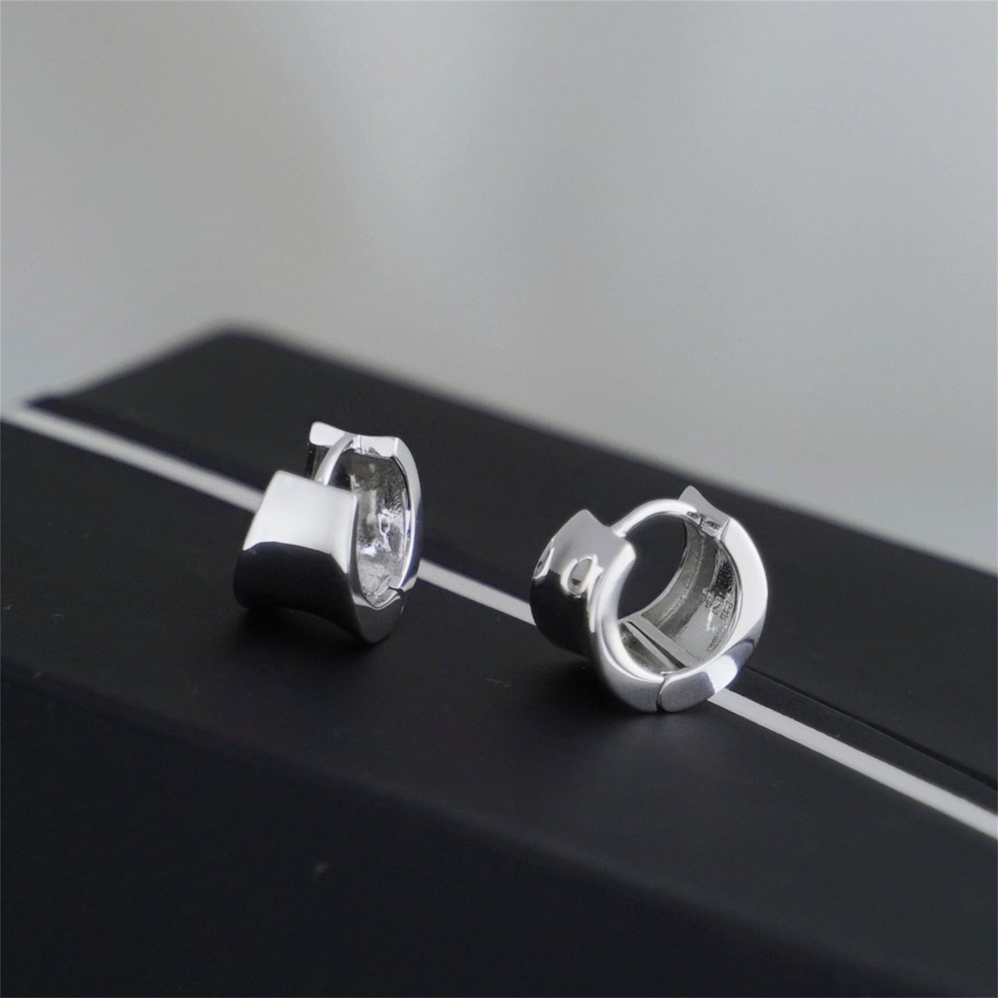 Rhodium on Sterling Silver Small Concave Hoop Huggie Drop Earrings 8mm Inside - sugarkittenlondon