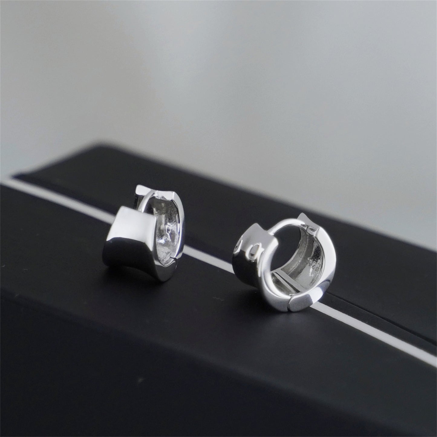 Rhodium-plated Sterling Silver Small Concave Hoop Huggie Drop Earrings - sugarkittenlondon