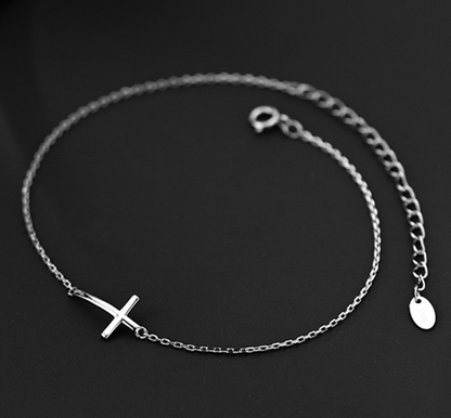 Sterling Silver Horizontal Sideways Layer Cross Chain Bracelet Anklet 19-22cm - sugarkittenlondon