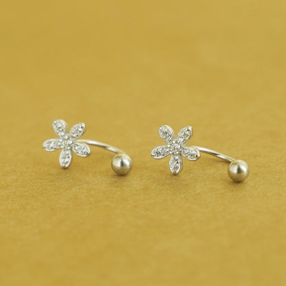 Sterling Silver Paved CZ Flower Barbell Bead Ball Screw Back Jacket Earrings - sugarkittenlondon