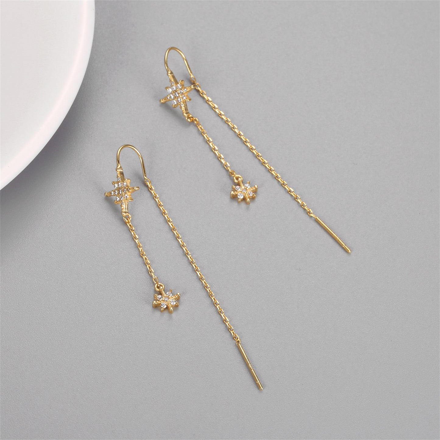 Gold on Sterling Silver Paved CZ Pole Star Chain Drop Pull Through Earrings - sugarkittenlondon