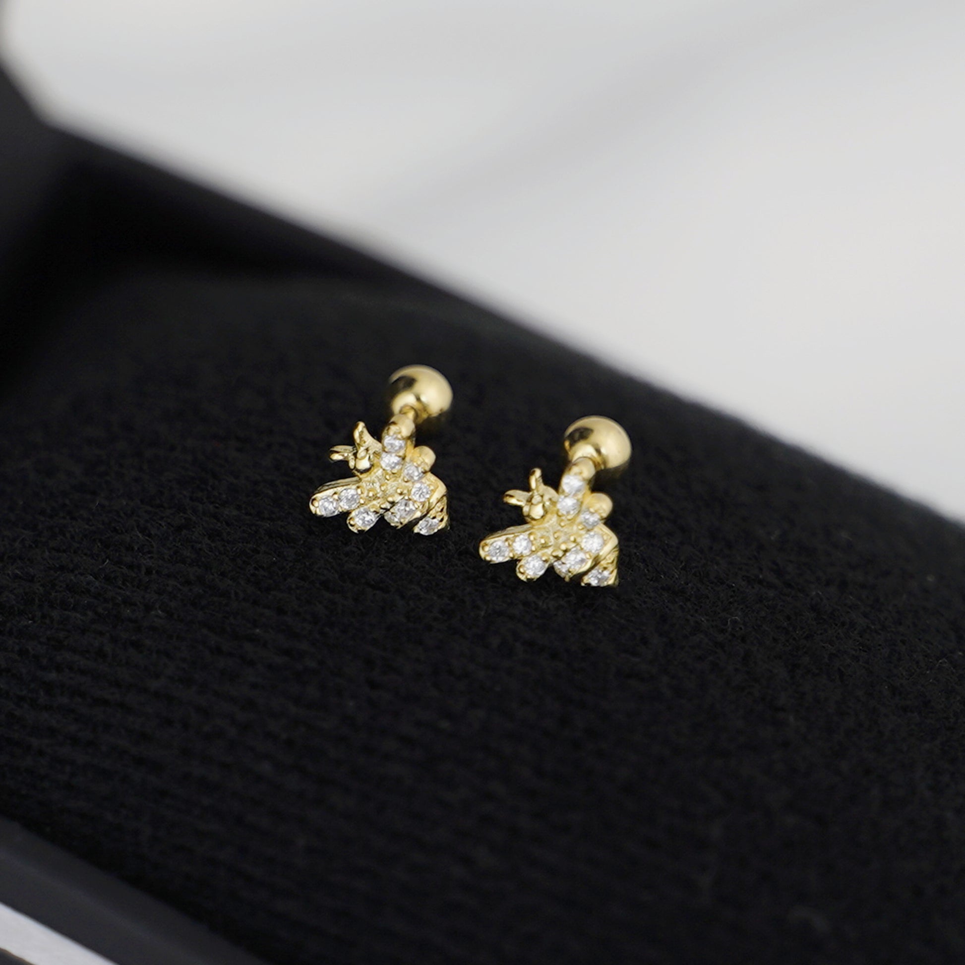 Sterling Silver Bumble Bee CZ Barbell Bead Ball Screw Back Stud Earrings 3 Tones - sugarkittenlondon