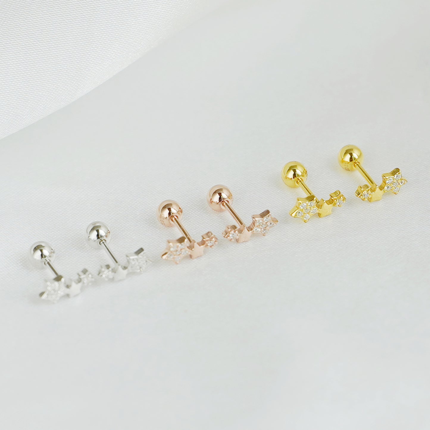 925 Cubic Zirconia Star Bead Ball Screw Back Stud Earrings in Rose Gold Sterling Silver - sugarkittenlondon