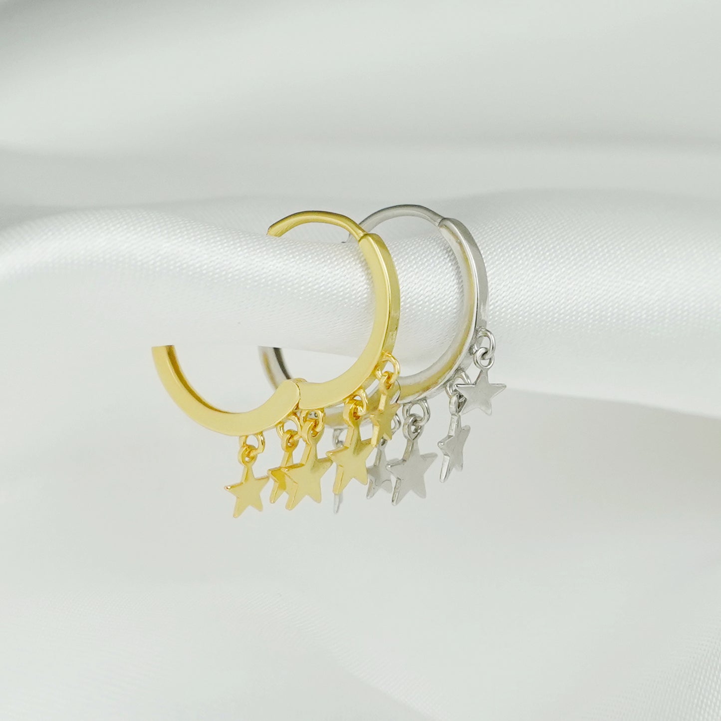 18K Gold-plated Sterling Silver Star Sleeper Hinged Hoop Charm Drop Earrings - sugarkittenlondon