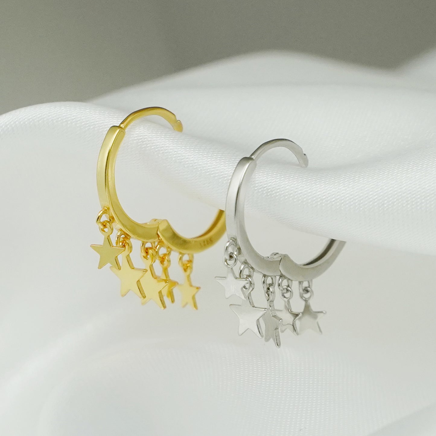 18K Gold-plated Sterling Silver Star Sleeper Hinged Hoop Charm Drop Earrings - sugarkittenlondon