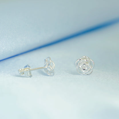 Sterling Silver CZ 7mm Rose Flower 3D Hollow Stud Earrings Jewellery Boxed - sugarkittenlondon