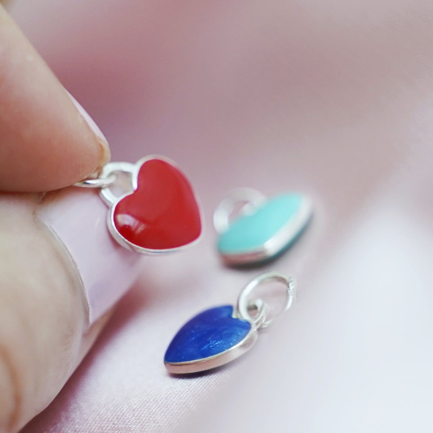 Sterling Silver Blue Red Pink Turquoise Double-Sided Glazed Puffy Heart Pendant - sugarkittenlondon