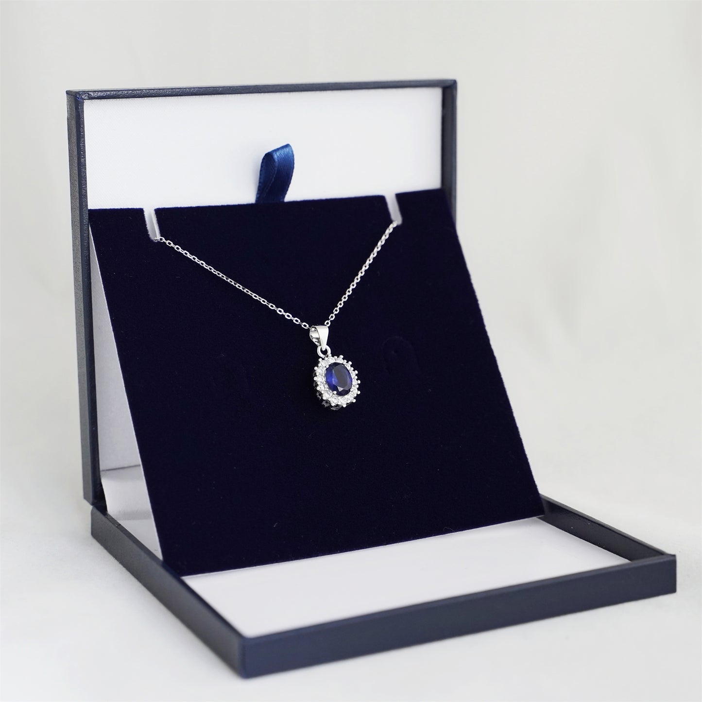 Sterling Silver Cut Blue CZ Sapphire Halo Cluster Pendant Necklace 3 Chains - sugarkittenlondon