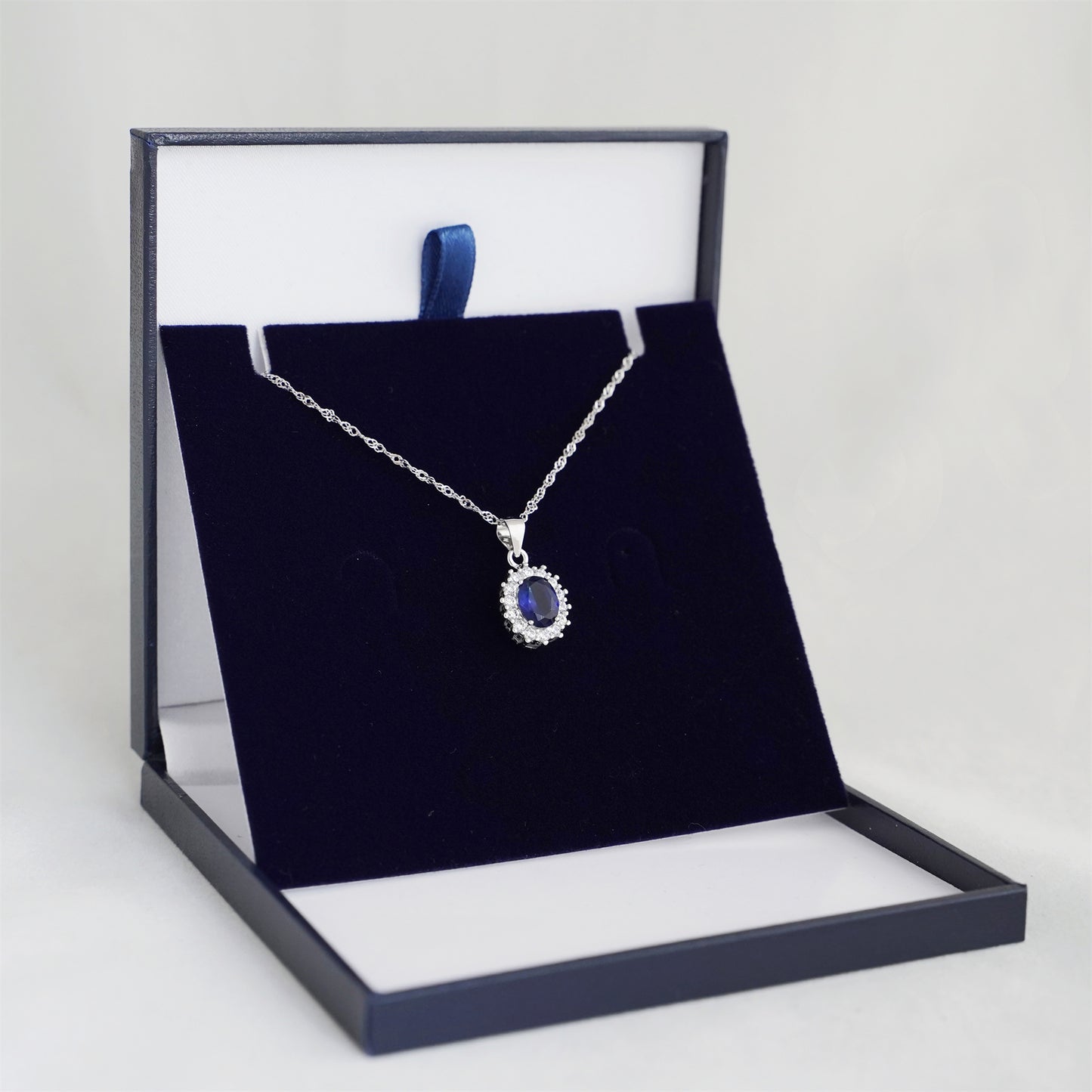 Sterling Silver Cut Blue CZ Sapphire Halo Cluster Pendant Necklace 3 Chains - sugarkittenlondon