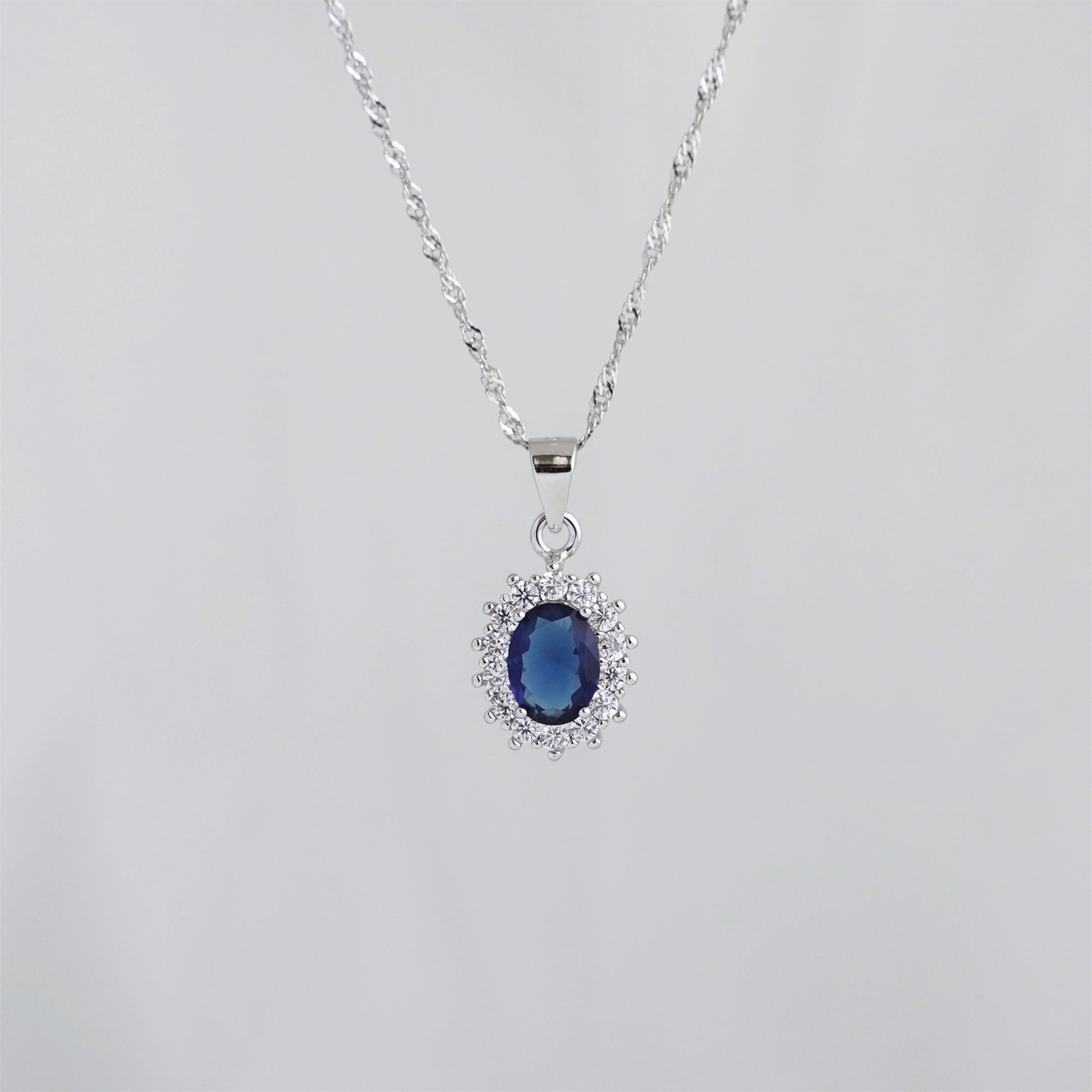 Sterling Silver Cut Blue CZ Sapphire Halo Cluster Pendant Necklace 3 Chains - sugarkittenlondon