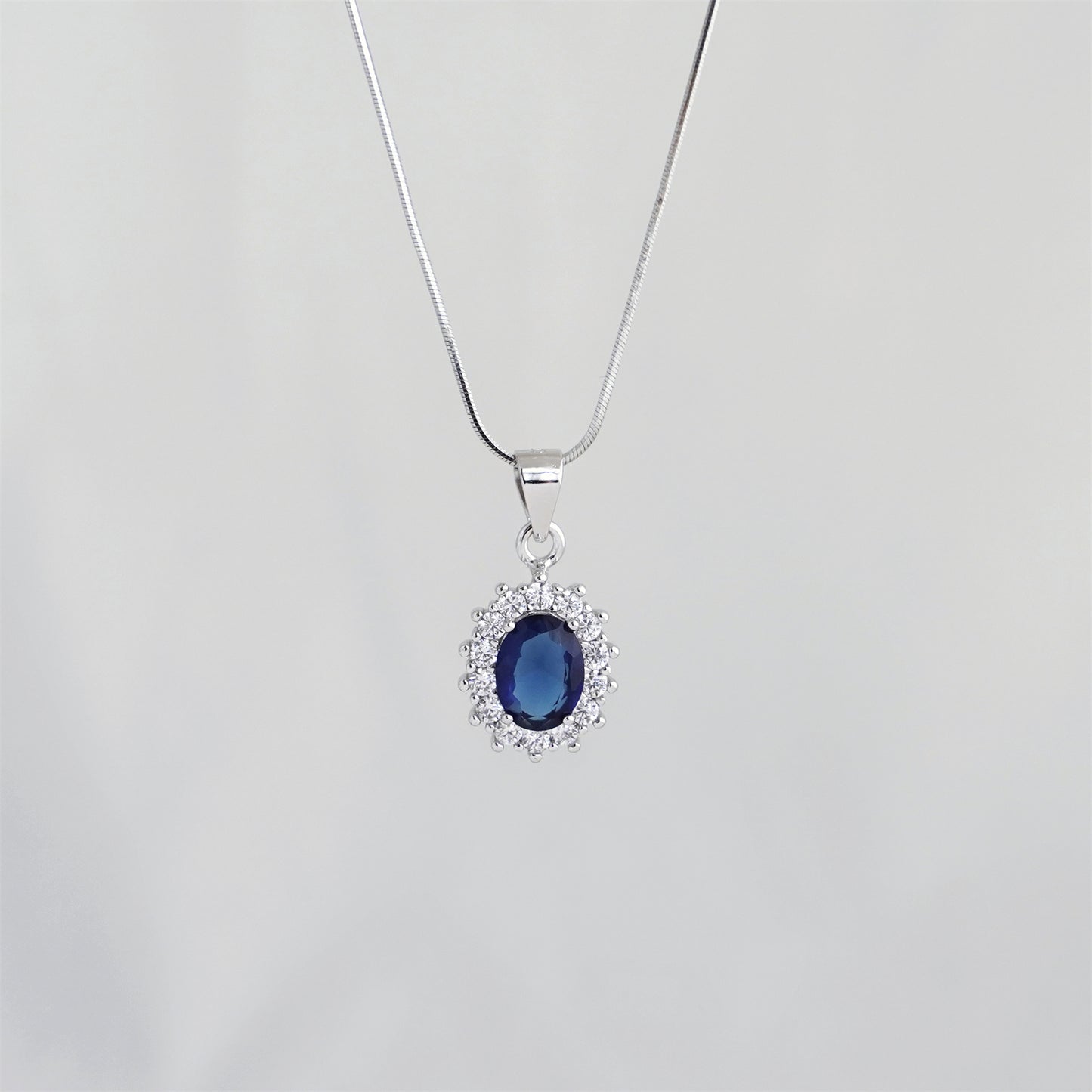 Sterling Silver Cut Blue CZ Sapphire Halo Cluster Pendant Necklace 3 Chains - sugarkittenlondon