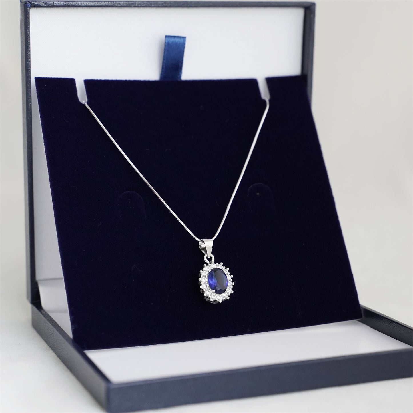 Sterling Silver Cut Blue CZ Sapphire Halo Cluster Pendant Necklace 3 Chains - sugarkittenlondon