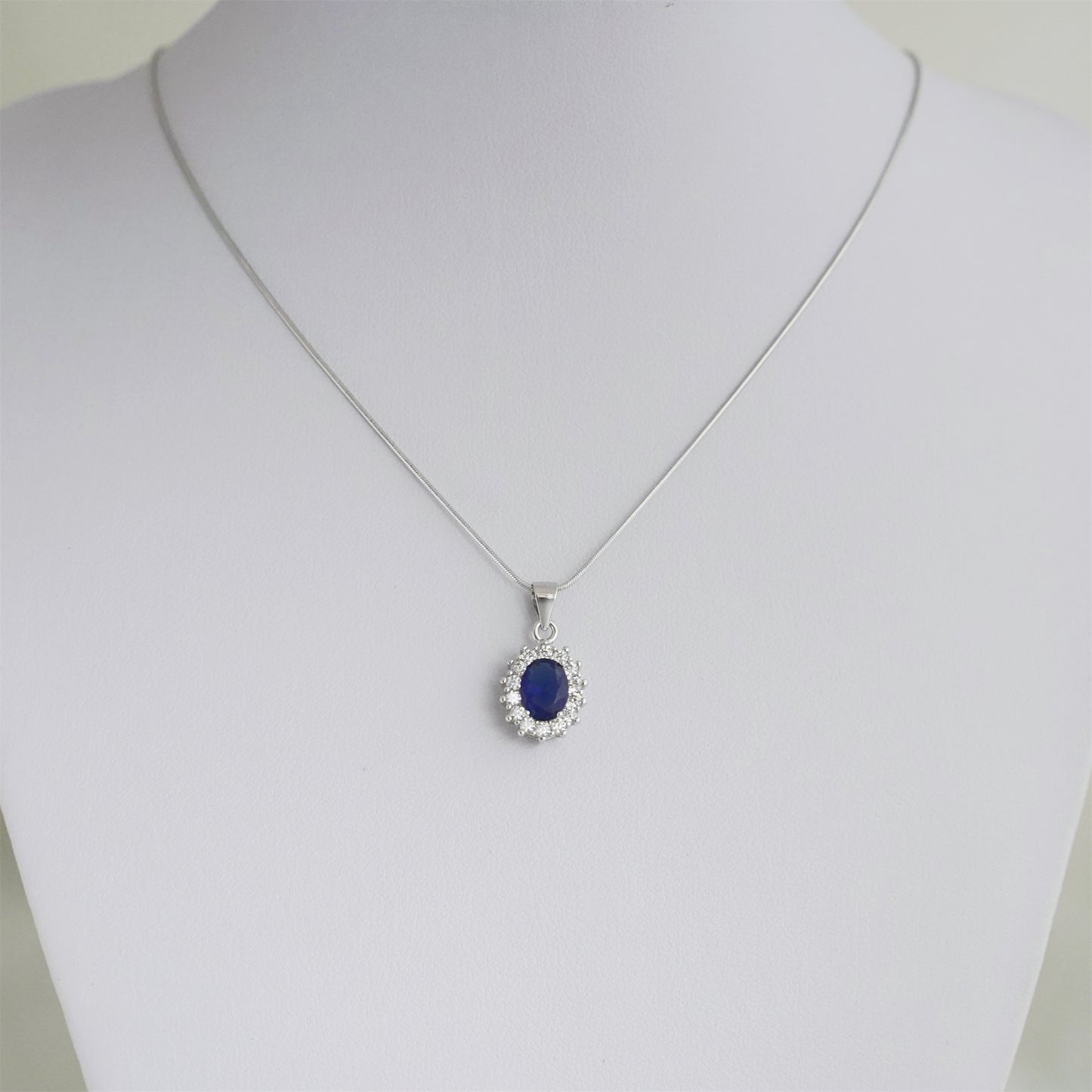 Sterling Silver Cut Blue CZ Sapphire Halo Cluster Pendant Necklace 3 Chains - sugarkittenlondon