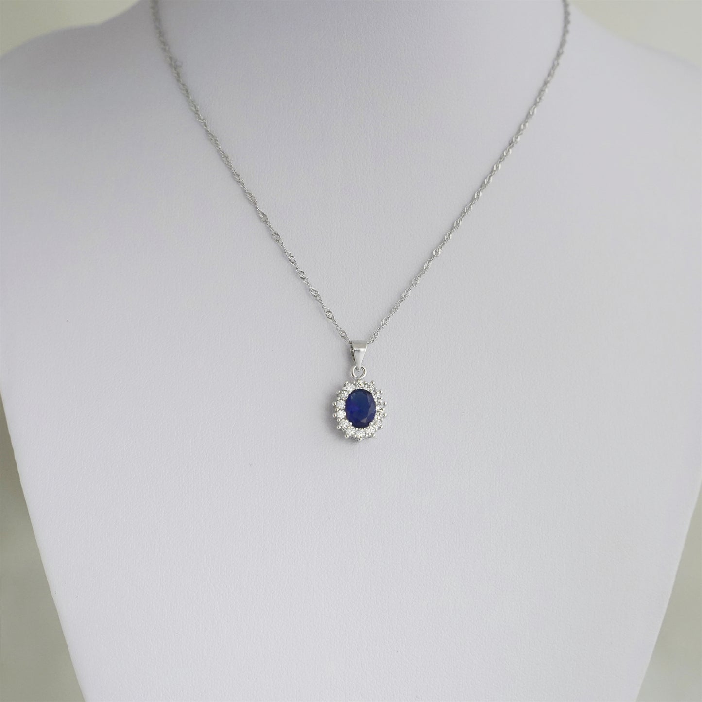 Sterling Silver Cut Blue CZ Sapphire Halo Cluster Pendant Necklace 3 Chains - sugarkittenlondon