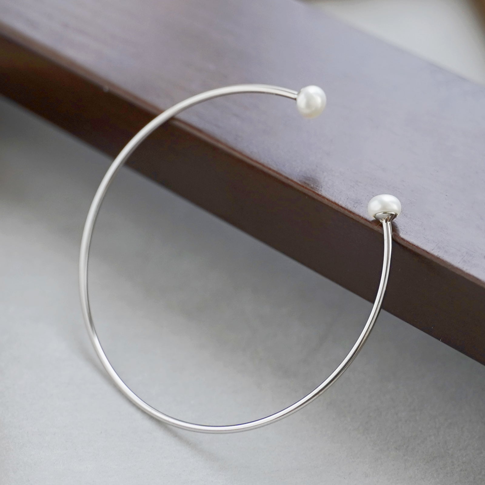 Sterling Silver 6mm Button Natural Freshwater Pearl Solid Wire Bangle 55 by 63mm - sugarkittenlondon