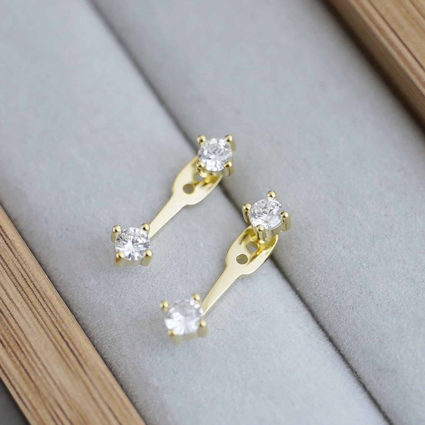 Double 4mm CZ Bar Drop Jacket Hug Two Way Earrings in 18K Gold on Sterling Silver | CZ Earring Jacket - sugarkittenlondon