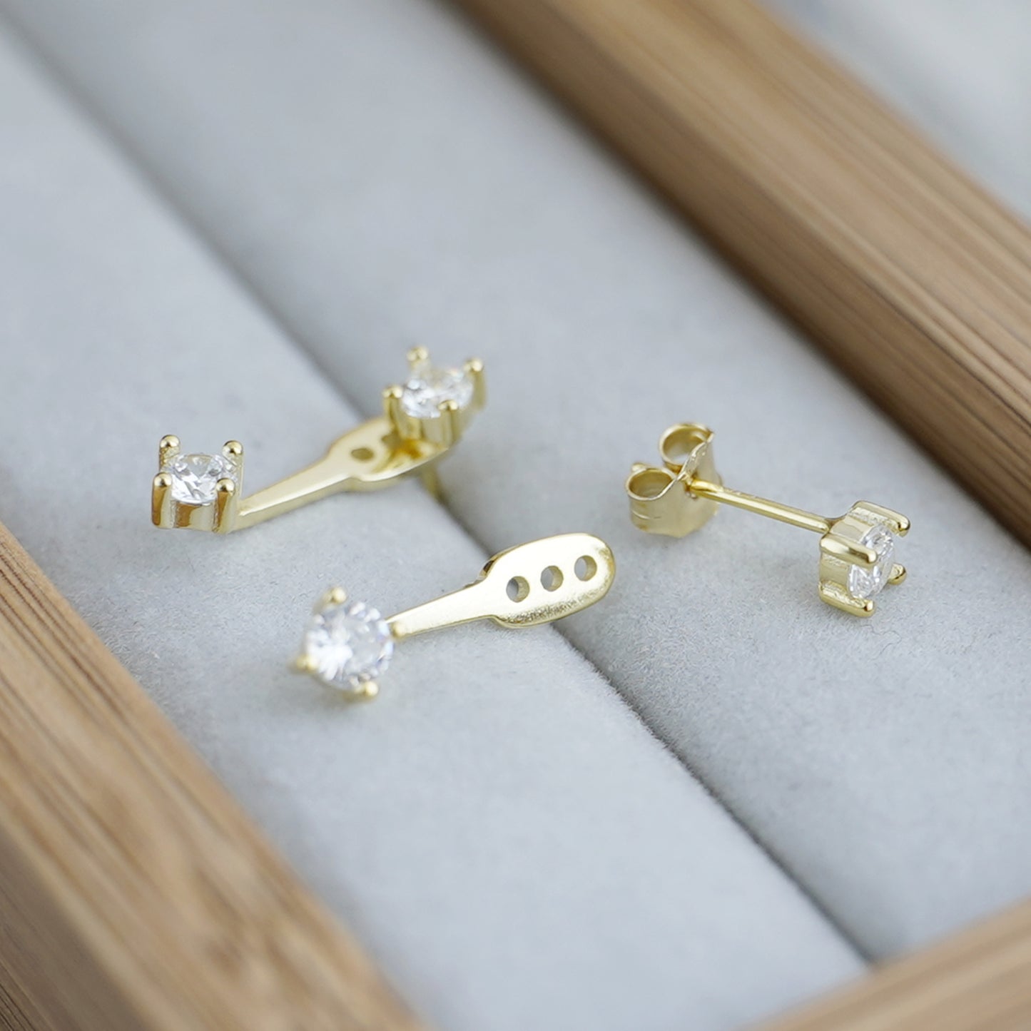 Double 4mm CZ Bar Drop Jacket Hug Two Way Earrings in 18K Gold on Sterling Silver | CZ Earring Jacket - sugarkittenlondon