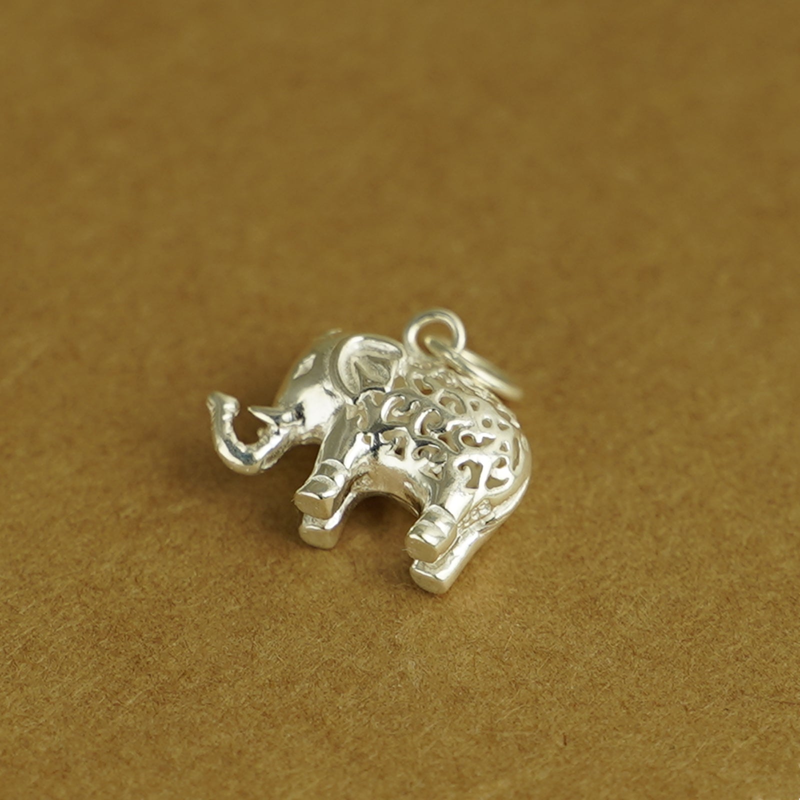 Sterling Silver Filigree 3D Elephant w Raised Trunk Pendant Charm 2 Tones - sugarkittenlondon