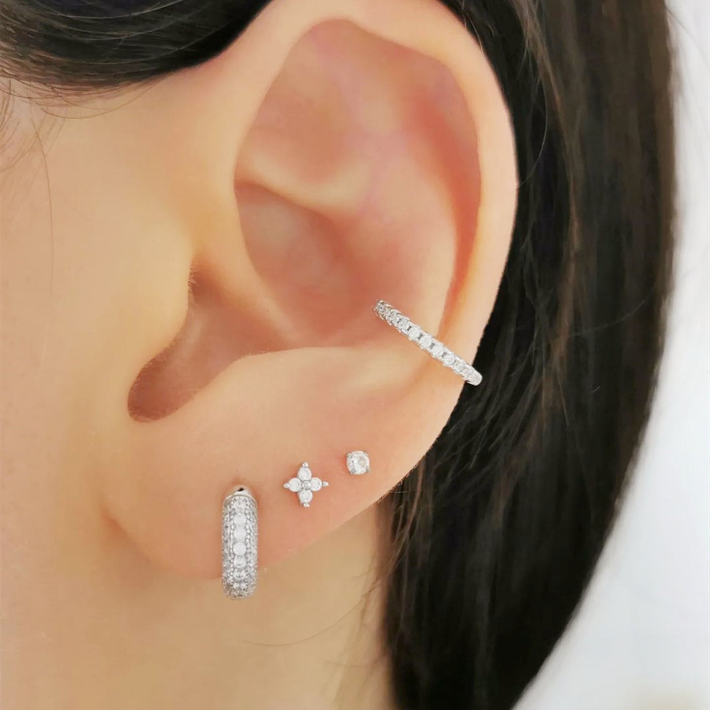 Sterling Silver 3mm Band Paved CZ Huggie Sleeper Hoop Earrings 6 8 10mm - sugarkittenlondon