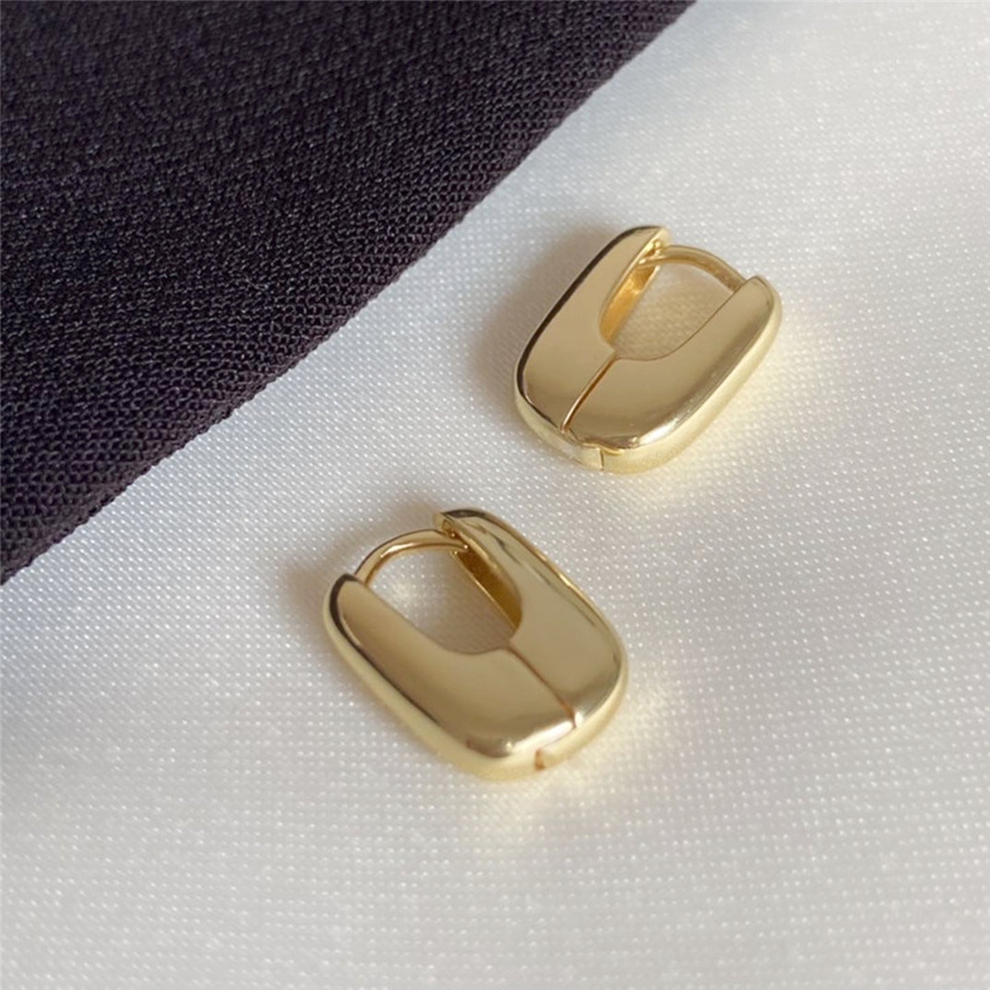 18K Gold on Sterling Silver Shiny Puffy Oval Square Hoop Huggie Unisex Earrings - sugarkittenlondon