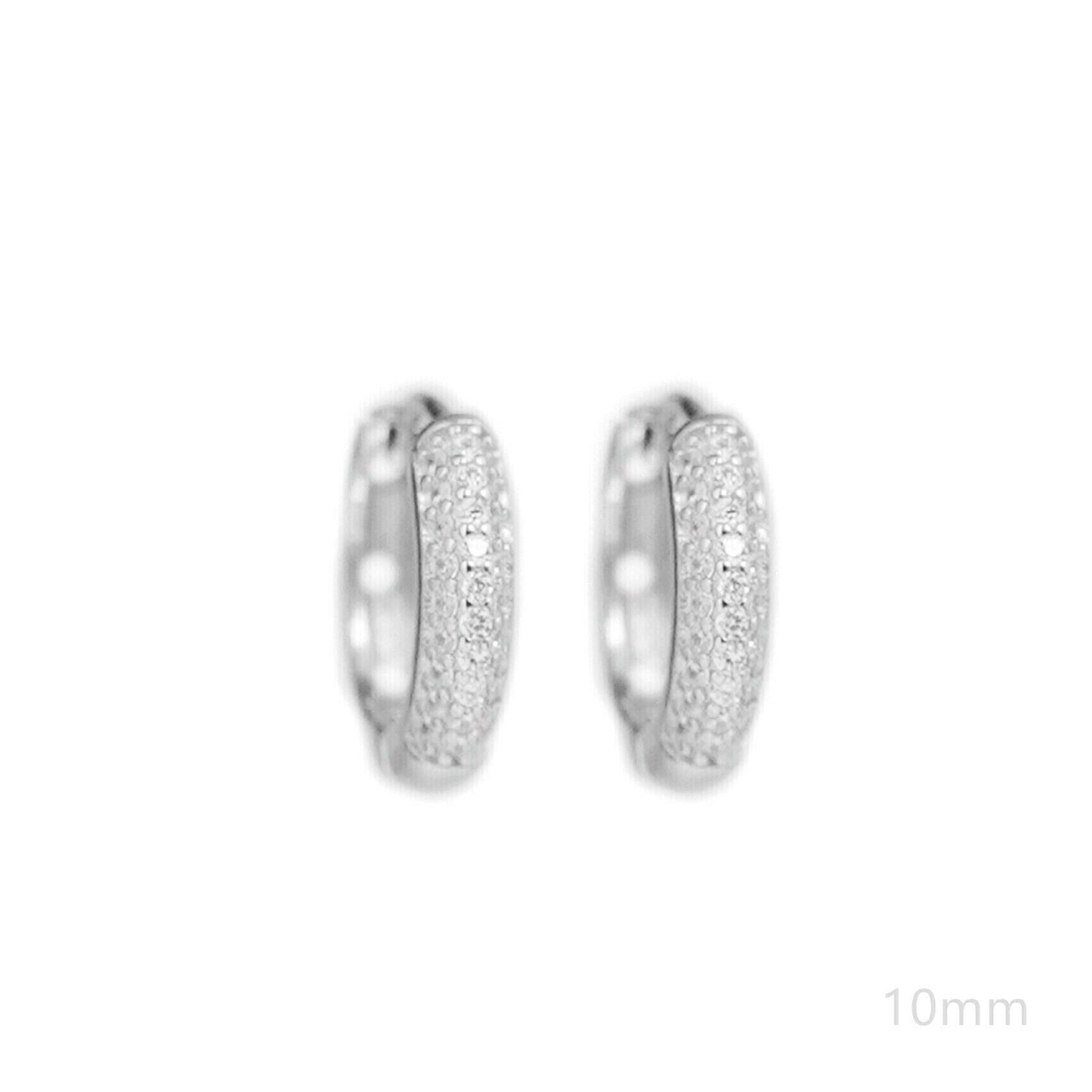 Sterling Silver 3mm Band Paved CZ Huggie Sleeper Hoop Earrings 6 8 10mm - sugarkittenlondon