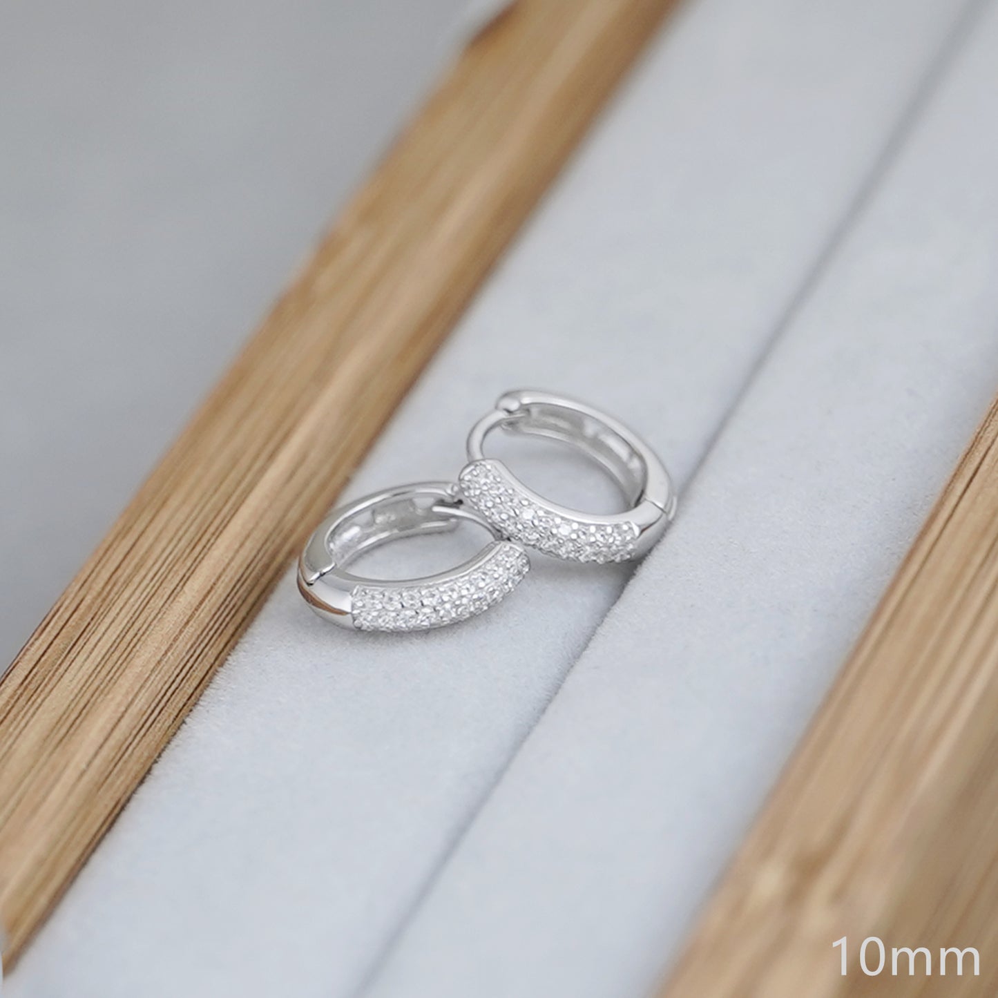 Sterling Silver 3mm Band Paved CZ Huggie Sleeper Hoop Earrings 6 8 10mm - sugarkittenlondon