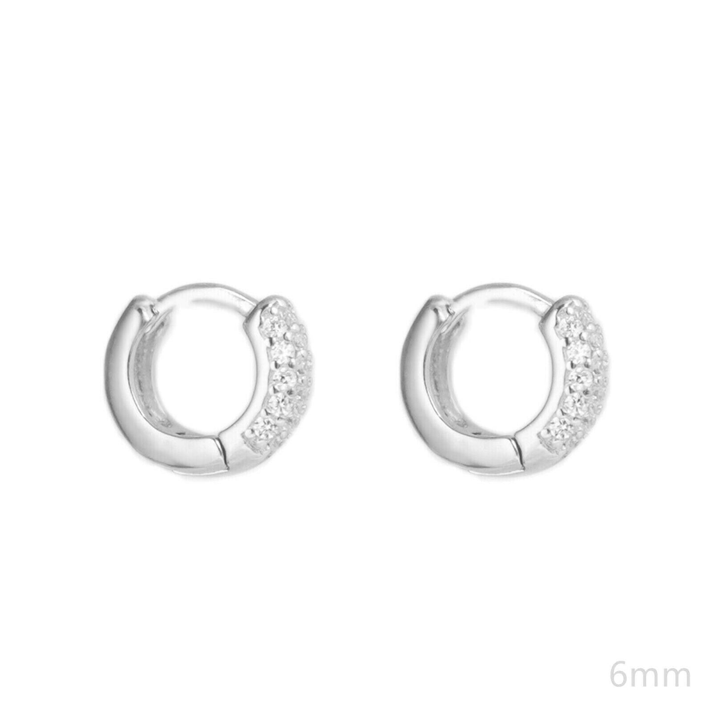 Sterling Silver 3mm Band Paved CZ Huggie Sleeper Hoop Earrings 6 8 10mm - sugarkittenlondon