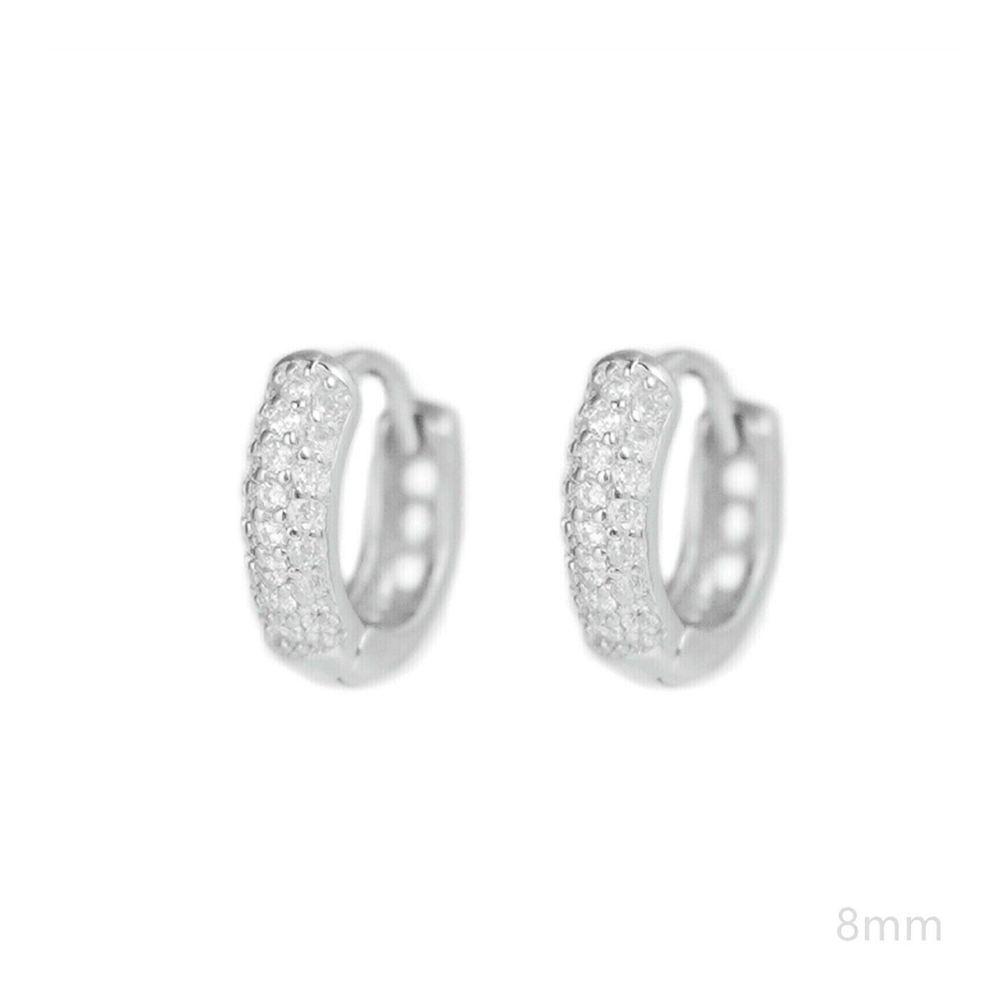 Sterling Silver 3mm Band Paved CZ Huggie Sleeper Hoop Earrings 6 8 10mm - sugarkittenlondon