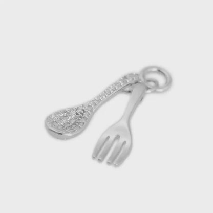 Rhodium on Sterling Silver Miniature Spoon Fork Paved CZ Charm Pendant Necklace