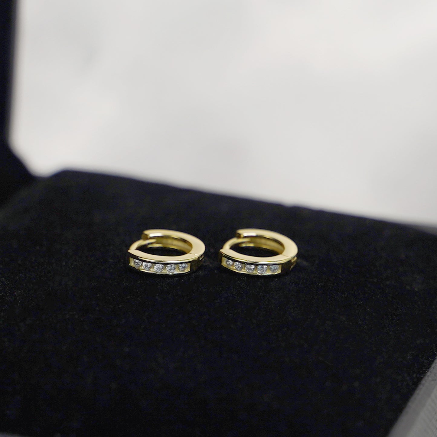 Solid Sterling Silver 7mm CZ Eternity Huggie Hoop Earrings with 18K Gold Plating - sugarkittenlondon