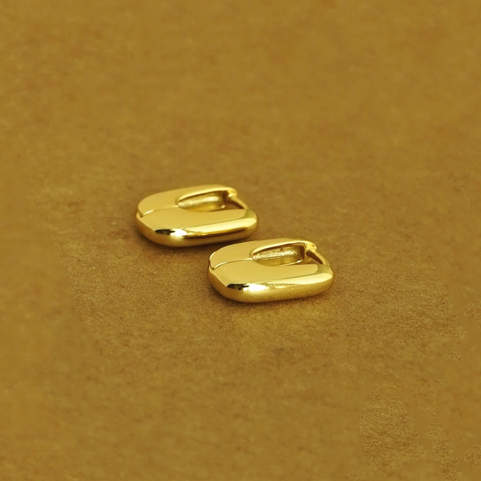 18K Gold on Sterling Silver Shiny Puffy Oval Square Hoop Huggie Unisex Earrings - sugarkittenlondon