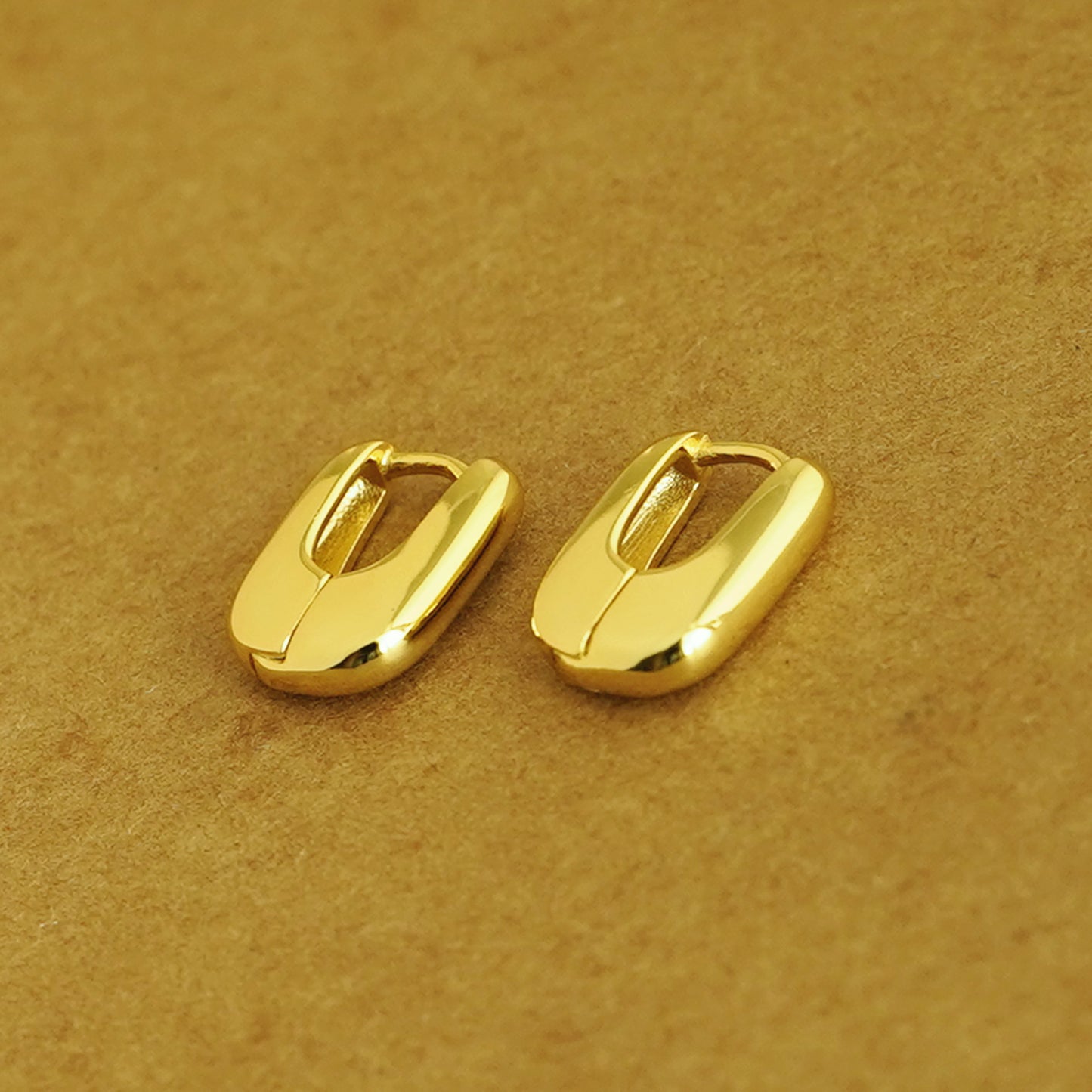 18K Gold on Sterling Silver Shiny Puffy Oval Square Hoop Huggie Unisex Earrings - sugarkittenlondon