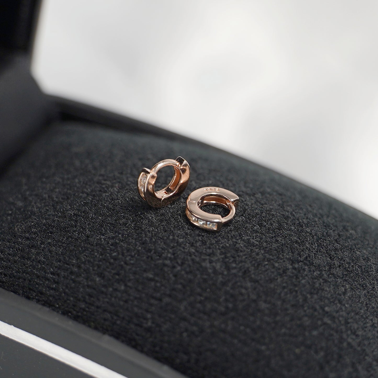 Sterling Silver Rose Gold 5.5mm Channel-Set CZ Cuff Huggie Hoop Eternity Earrings - sugarkittenlondon