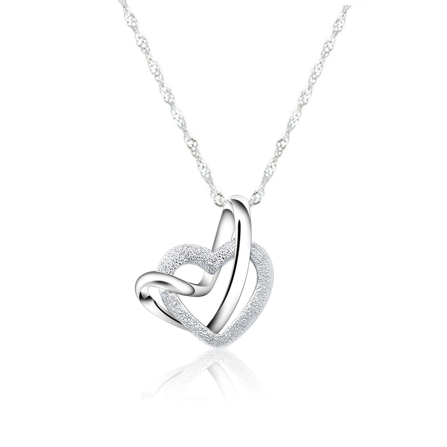 Sterling Silver Love Knot Necklace with Floating Sandblasted Heart Charm - sugarkittenlondon